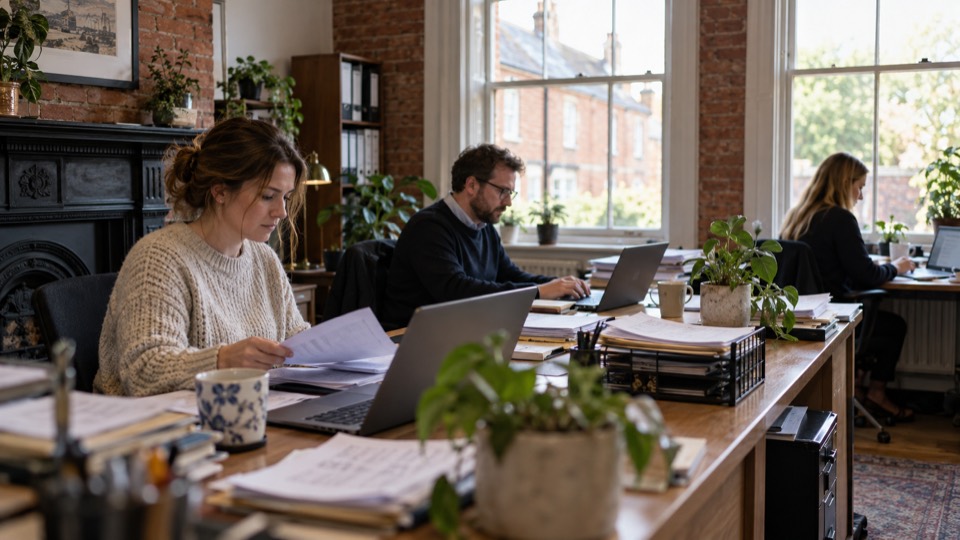 Two people working on laptops in a small UK office