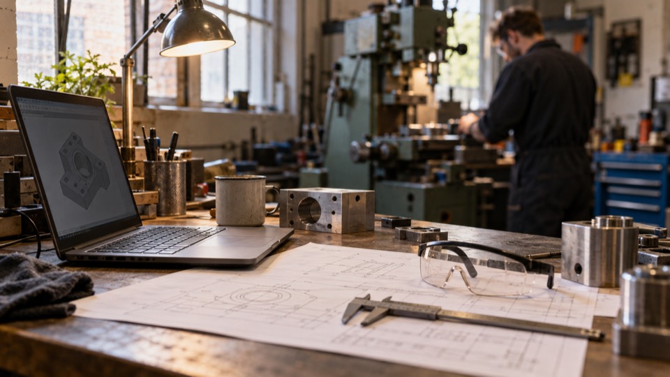 A laptop in a small engineering workshop